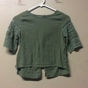 Army Green three quarter sleeve top. Lacey sleeves